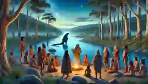 The Aboriginal tribe gathers by the clear river, performing a ceremonial offering as peace returns to the land.