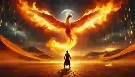 Samai stands strong in the desert as a phoenix of fire descends toward him, its wings glowing with flames.