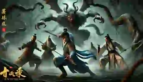 Sun Wukong and his companions fight a fierce demon in a dark, twisted forest, with tension and danger in the air.