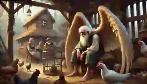 The old man with wings is sitting quietly in the coop as Pelayo and Elisenda’s luxurious house looms in the background.