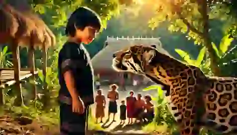 Itzamná faces a majestic black jaguar in a jungle village as villagers watch from a distance.