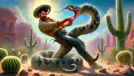 Pecos Bill wrestling a giant rattlesnake in the desert, showing his strength and courage.