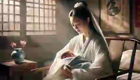 Bai Suzhen holds her newborn son Xu Mengjiao in a tender moment of maternal love.