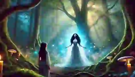 Elara stands before the Guardian of the forest, who is bathed in an ethereal glow in a magical forest glade.