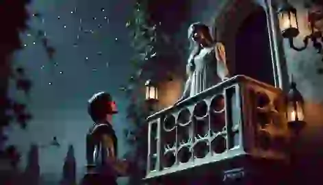 Romeo gazes up at Juliet on her balcony during a tender night scene in the Capulet