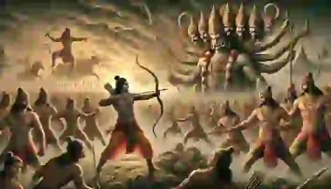 Rama with a drawn bow faces Ravana, depicted with ten heads and multiple weapons, in the final battle.