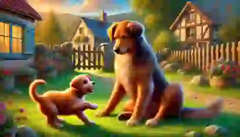 Max offers advice to a young puppy in a village yard, with the warm glow of the afternoon sun lighting the scene.