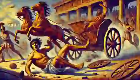 Oenomaus falling from his chariot during the race, with Pelops racing ahead in the background.