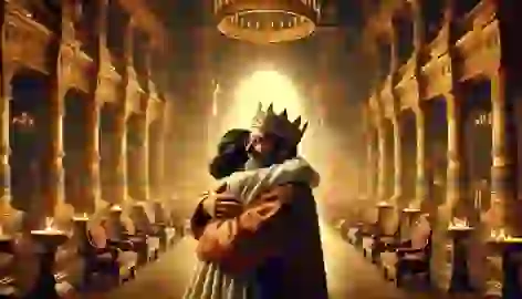 King Midas embraces his daughter, restored to life, in a warm palace setting filled with relief and love.