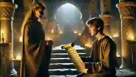 Eadric holds an ancient scroll in a dimly lit temple while Seraphine, in ceremonial robes, watches him.