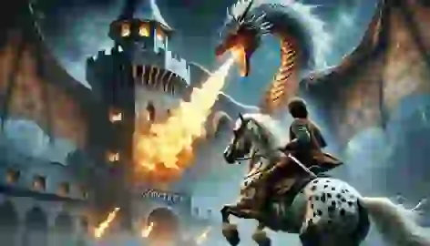 Asbjørn and Dapplegrim confront a massive dragon in front of the Sorcerer