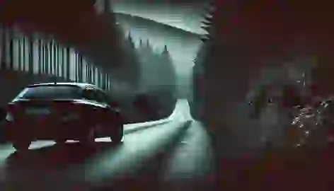 The family’s abandoned car sits on the side of a dark road, surrounded by an ominous and quiet forest.