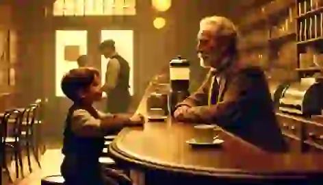 An older man sits beside a young boy at the café, passing on the wisdom about love that he once received years ago.