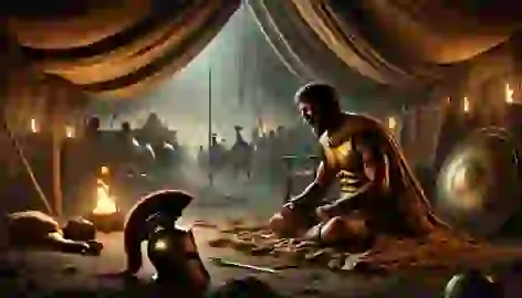 Achilles sits enraged in his tent after an argument with Agamemnon, his golden armor discarded on the ground.