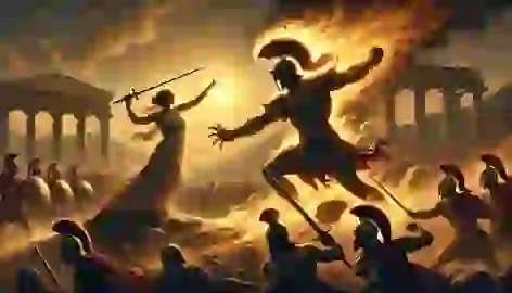 Athena and Ares duel fiercely on the battlefield of Phlegra, surrounded by soldiers watching in awe.