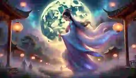 Chang’e ascends to the moon glowing ethereally, villagers watch as lanterns light the twilight countryside.