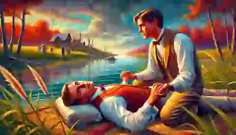 Gatsby lying gravely injured by the river, with Nick by his side.