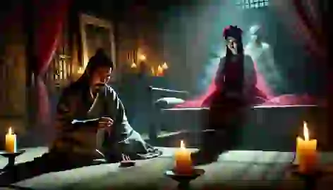 General Wu in terror holding a jade amulet as Meilin’s ghost looms in his dimly lit chamber.