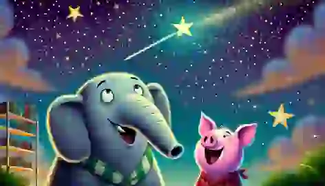 Gerald and Piggie marvel at a shooting star, feeling joyful and amazed at the beauty of the surprise.