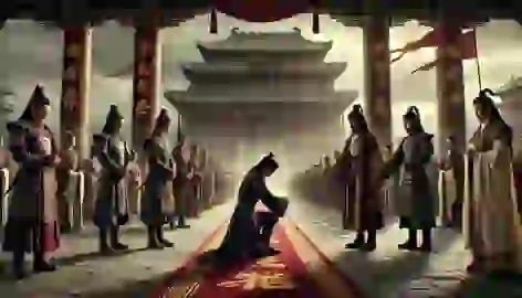 Song Jiang and his comrades stand before the Emperor