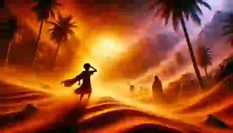 Ammon braves a fierce sandstorm, guided by faith, toward an oasis where a priest awaits under palm trees.