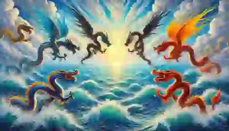 The four dragons diving into the vast East Sea, collecting water to bring rain to the parched lands.