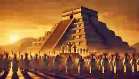 Priests at Templo Mayor perform a ritual sacrifice at sunset, with the pyramid bathed in golden light.