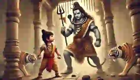 Ganesha confronts Lord Shiva outside Parvati