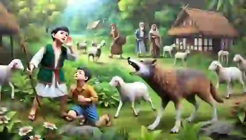 The shepherd boy cries out as a real wolf attacks the sheep.