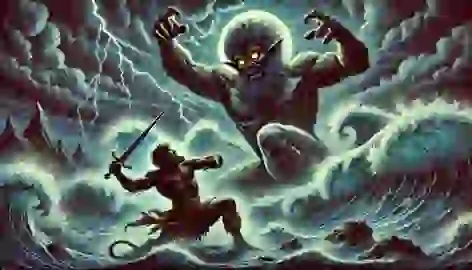  Bahram fighting the demon of the Caspian Sea amid crashing waves and stormy skies, wielding his sword.