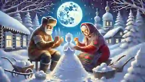  Ivan and Marfa build a snow maiden under a bright moon.