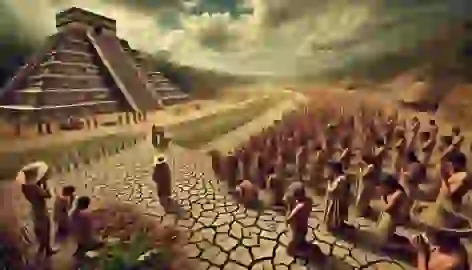 Villagers and priests gather in prayer during a drought at the base of the Temple of Kukulkan, under overcast skies.