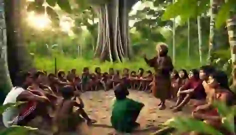 Elder Tainá teaches young villagers about the forest in an Amazon clearing, passing down Curupira