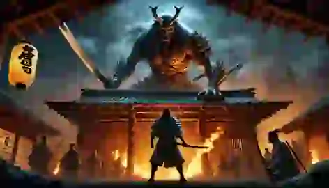 Kiyoshi, the Oni, faces the warlord at the village entrance, with flames lighting up the scene.