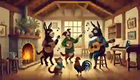 Donkey, dog, cat, and rooster playing music in a cozy, well-lit room with wooden furniture and a fireplace, all looking happy.