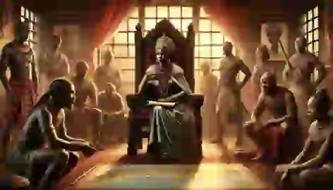 Queen Nzinga seated on her throne in Matamba, planning her next strategic move with her advisors and warriors.