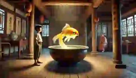 Chen watches in awe as the golden fish speaks, while his mother observes from the background