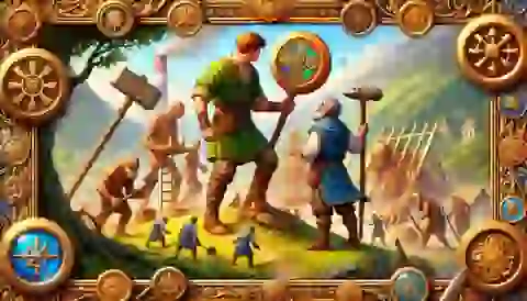 Return to the Giants: Liam helping the giants rebuild their society, using magical tools to make their work easier. The scene is vibrant with detailed textures, showing the giants constructing new buildings and cultivating land.