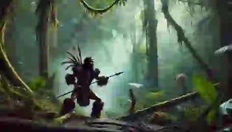 A Shuar warrior stands ready for battle in the dense Ecuadorian rainforest, holding a spear with focused determination.