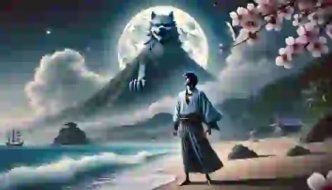 Shun stands on the beach under moonlight, gazing at the glowing Shisa atop a mountain.