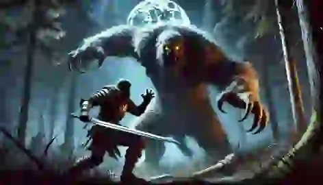 A warrior in battle against a towering fiend in a moonlit forest, slashing with a silver sword.