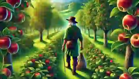 Johnny Appleseed in his distinctive attire, walking through a field of apple trees.