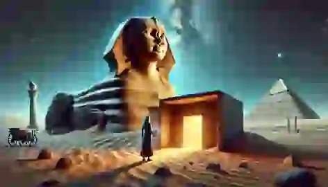 Dr. Lena Hassan uncovers an entrance at the base of the Sphinx, holding a tablet as mystical light glows from the chamber.