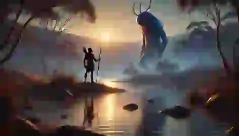 Naru speaks to the Bunyip at dusk by the river, signaling a moment of understanding and peace.