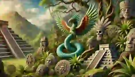 Quetzalcoatl’s feathered serpent form entwined with vegetation and Mesoamerican artifacts.