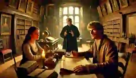 Robert Langdon, Sophie Neveu, and Leigh Teabing in his study, discussing the secrets of the Holy Grail.