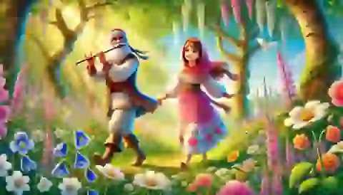 Snegurochka and Lel walk hand in hand through the blooming forest.