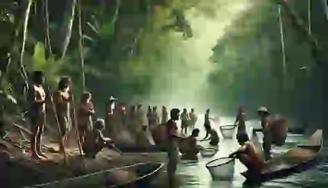 Caboclo fishermen working together by the river, standing near wooden canoes amidst the Amazon