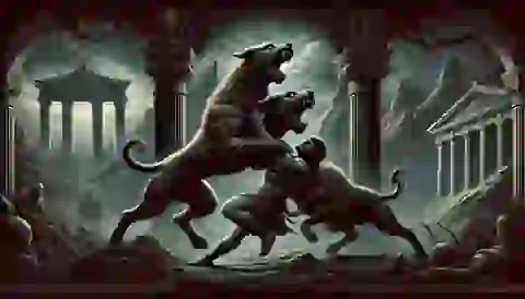 Hercules capturing Cerberus, the three-headed guardian of the underworld, in an eerie, otherworldly landscape.