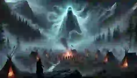 The Mountain Spirit appears, cloaked in mist, confronting the warlord’s encampment at night.